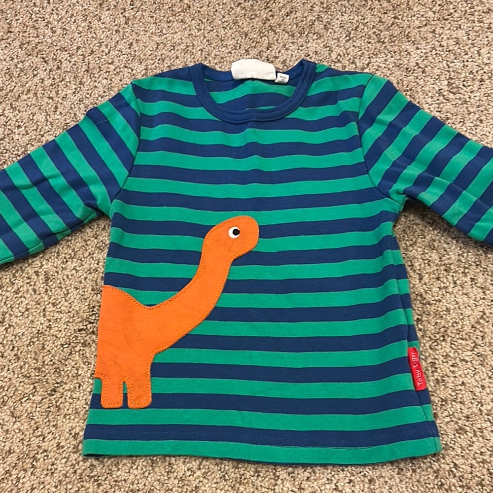 Toby Tiger organic cotton Green and Blue Long Sleeve Tee with Dinosaur Appliqué